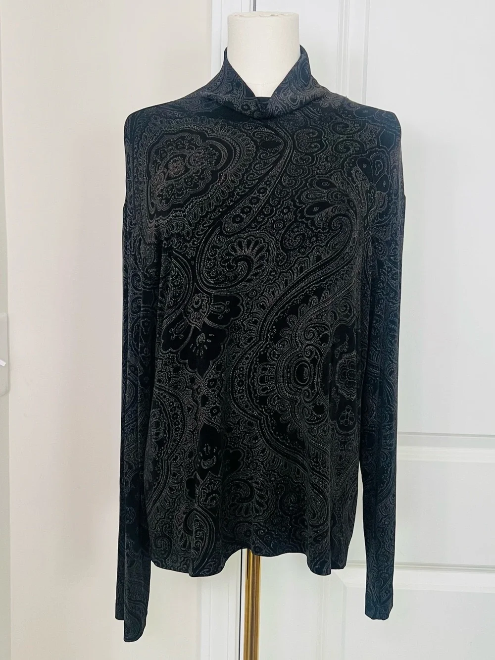 Chicos Travelers Top Sz 3~XL Black Brown Paisley Slinky Knit Career Turtleneck